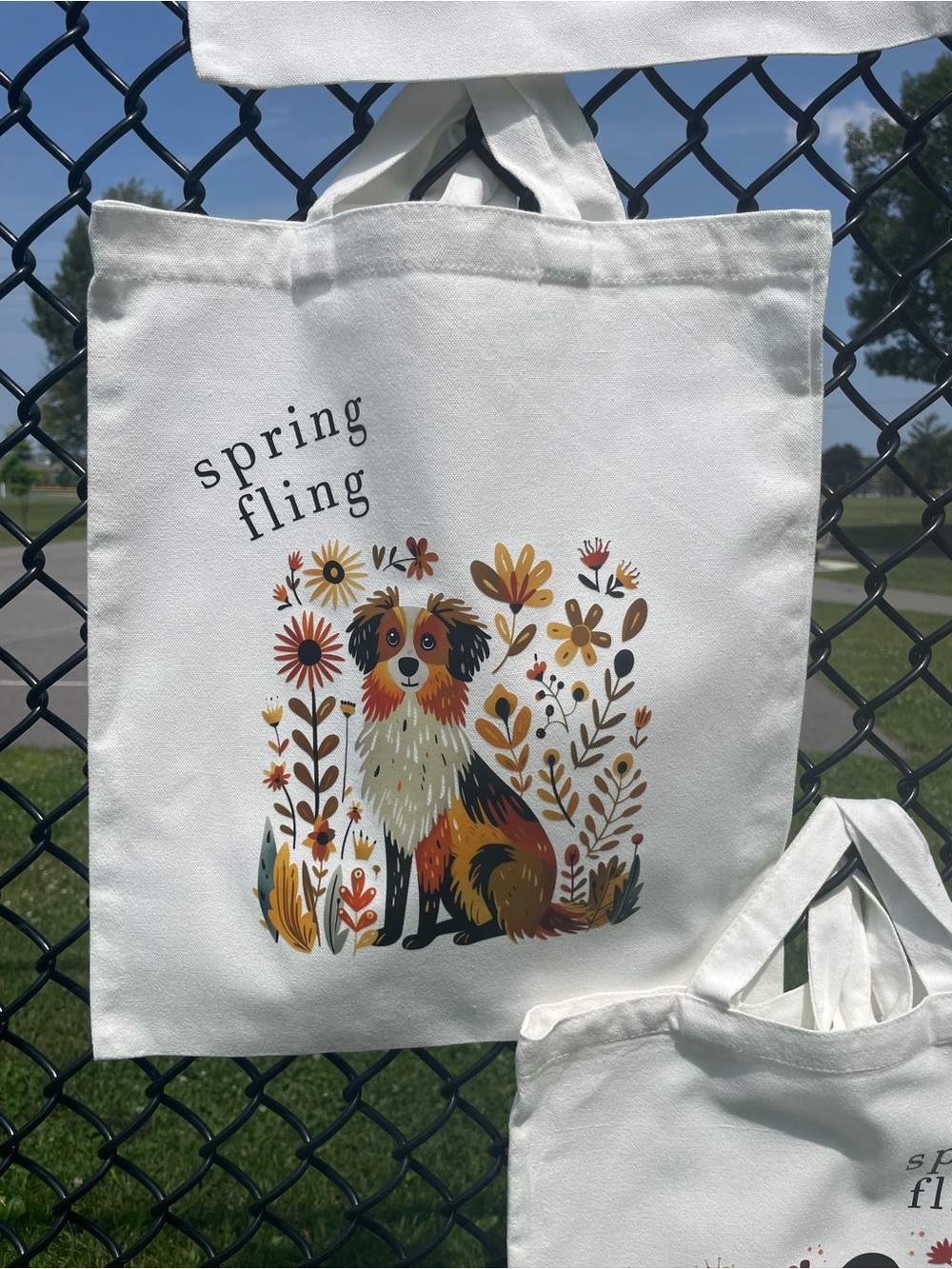Spring Fling White Canvas Tote with Floral Dog Artwork